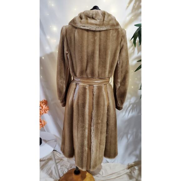 Vtg Tissavel France Faux Fur Belted Leather Coat and Gloves Womens Size 6 Tan - Picture 3 of 15